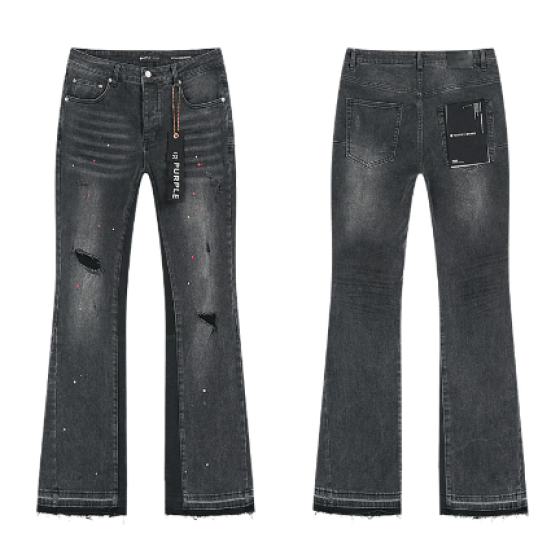Black Washed Flared Denim Jeans with Knee Slits and Multicolor Paint Splatter